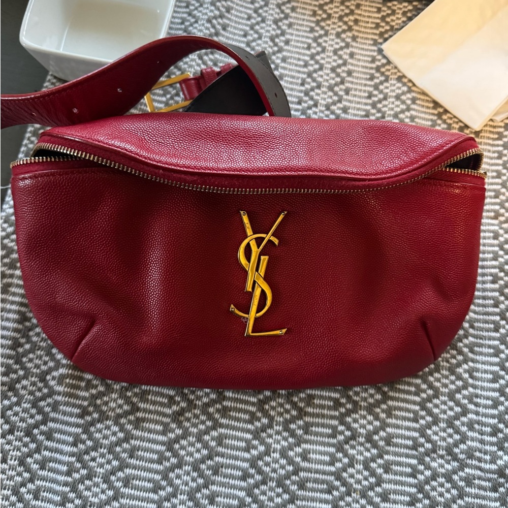 Yves Saint Laurent Burgundy Fanny Pack with Gold Logo